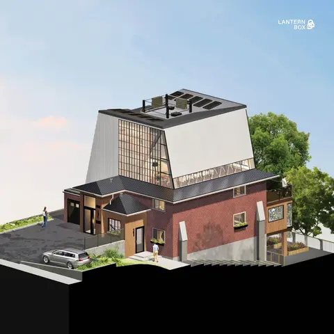 Rendering of the finished Lantern Box, a glazed, metal-clad upper storey with rooftop solar panels above the brick house