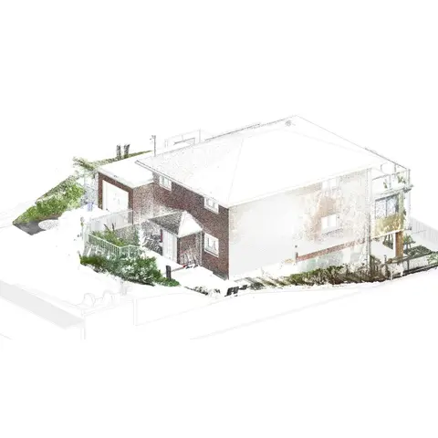 3D laser-scan point cloud of the existing two-storey brick house, its yard, side balcony and surrounding planting