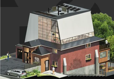 Rendering of a Lantern Box: a metal-clad, glazed upper storey supported on its own columns above an existing brick house
